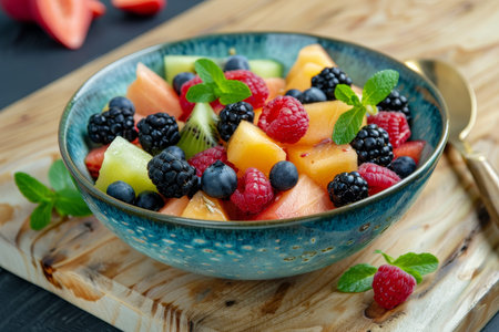 Delicious fresh fruit salad with melon and mixed berries - healthy summer snack or dessert option