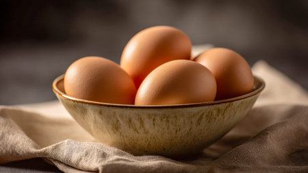 A collection of prime, earthy-toned eggs nestled in a handmade ceramic dish, set on gentle beige...