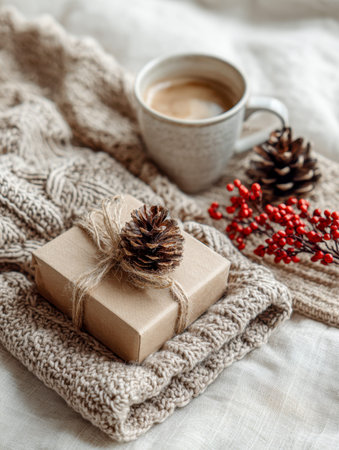 A comforting scene of textured knitwear paired with a charming vintage gift box adorned with natural...