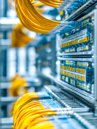 A vibrant maze of colored cords connects sleek switches, creating a vital backbone that powers...