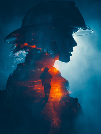 Reflection of a firefighter's figure paired with an urban skyline during twilight, capturing bravery and resilience amid a vibrant sunset backdrop.の写真素材