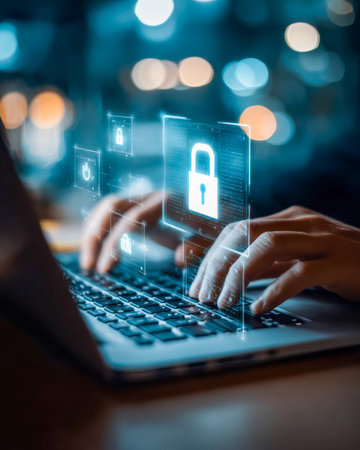 A high-tech workspace featuring a laptop surrounded by glowing lock symbols and holographic security...