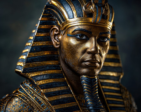 A detailed golden mask adorned with intricate black patterns, exuding regal grandeur and mystique,...