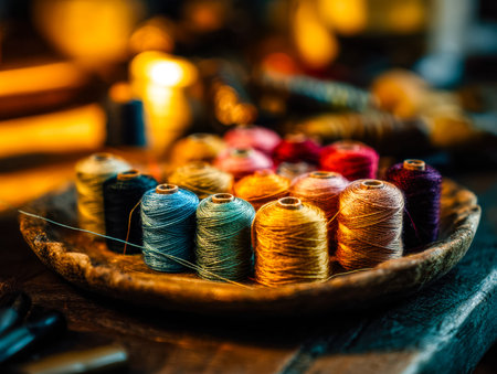 Vibrant threads in various hues are meticulously organized on a rustic wooden tray, creating an...