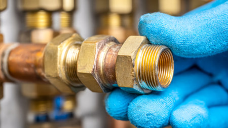 A close-up of a sealed metal joint being secured within a plumbing network, with a worker?s protective glove handling the component amidst a clean, organized workspace.の写真素材