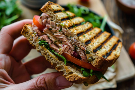 Hand holding delicious grilled tuna steak sandwich, perfect lunch option for seafood lovers