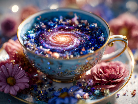 A miniature universe within a porcelain cup, accented by soft blooms and sparkling flecks, evoking...