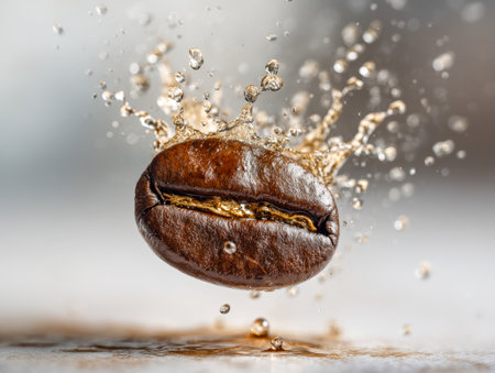 A dynamic shot capturing a single coffee bean mid-splash, droplets erupting around it, evoking energy and freshness in a vivid, high-contrast scene.の写真素材