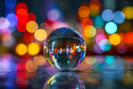 Bright lights shimmer within a glass sphere, mirroring colorful blurs and creating a magical, dreamy...