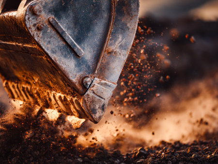 Powerful industrial equipment rapidly breaks apart earth, sending glowing sparks and a cloud of dust...