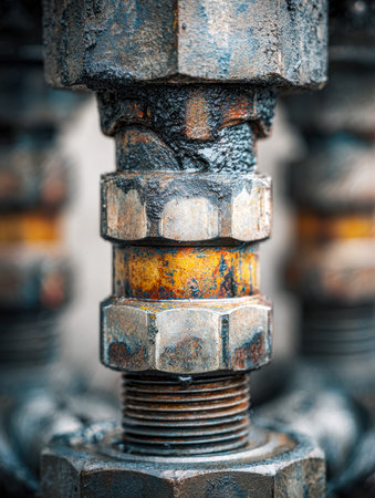 A detailed view of an aged metal fastener, showcasing a rugged, uneven texture accented by vibrant...