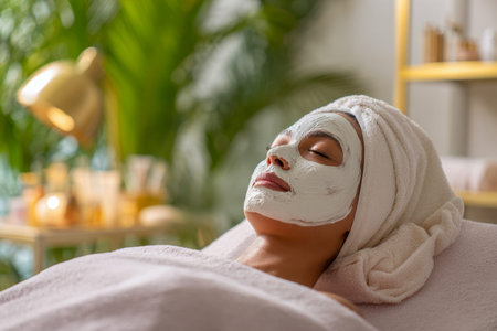 Serenity washes over her as she enjoys a calming retreat, wrapped in a plush towel with a soothing facial mask, surrounded by tranquil decor.のeditorial素材