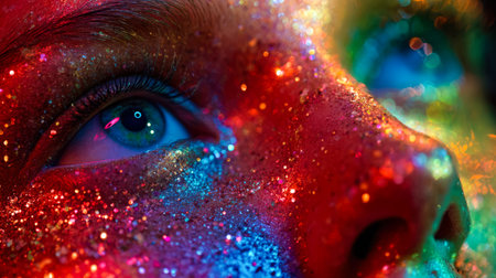 A captivating gaze framed by shimmering, multicolored face art that radiates energy and creativity, highlighting intricate details and vivid hues.のeditorial素材