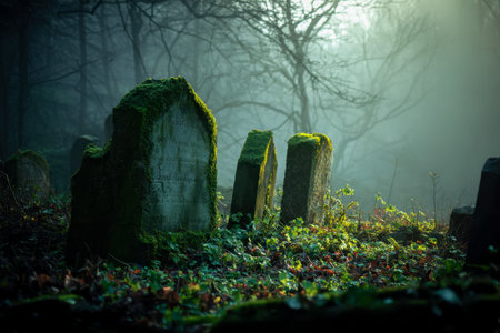 Timeworn stones emerge through thick fog in a quiet woodland, invoking eerie silence and haunting...