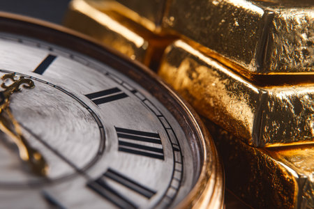 A detailed view of an antique clock's face with shining gold ingots stretching into the blurred...