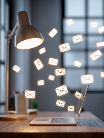In a contemporary workspace, a laptop emits vibrant digital symbols representing messages, warmly...