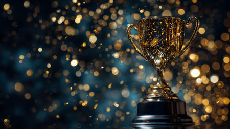 A polished award captures radiant golden glimmers, set against a vibrant backdrop of colorful bokeh, perfect for celebrations and recognition moments.の写真素材
