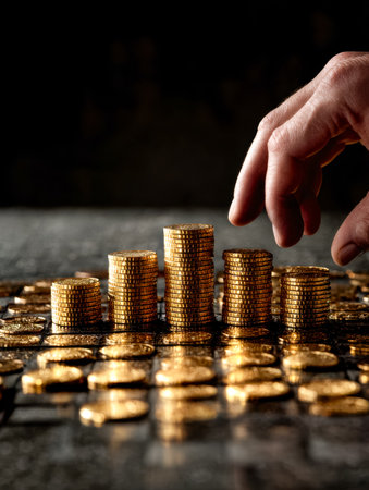 A towering collection of shining gold coins ascends in a modern financial environment, symbolizing prosperity, progress, and upward economic momentum.の写真素材