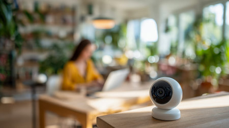 A compact security device rests on a wooden desk, quietly observing a woman focused on her laptop...