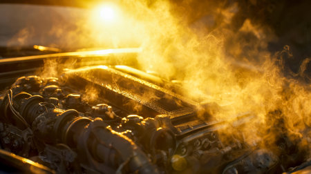 A vehicle's engine roars fiercely with blazing flames erupting around it, capturing the intensity of...