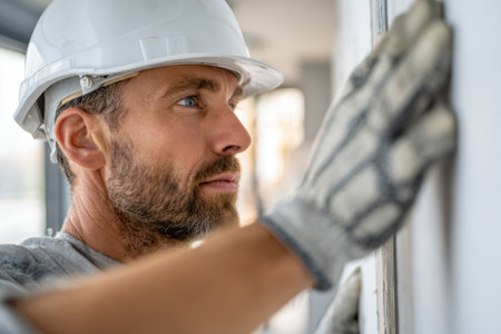 A confident builder examines a wall's alignment, ensuring quality and safety with protective gear, embodying expertise in construction and maintenance.のeditorial素材