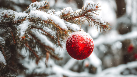 A vibrant crimson bauble drapes gracefully from a frost-coated pine branch, evoking festive warmth...
