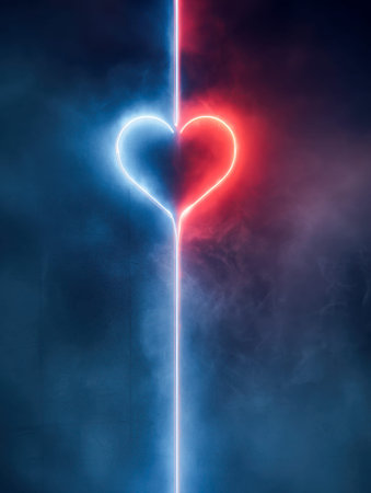 A vibrant digital composition featuring a luminous heart divided by a radiant vertical crack,...