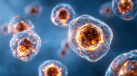 Luminescent cellular formations hover within a luminous blue medium, revealing complex internal patterns that evoke advancements in cellular biology and scientific exploration.の写真素材