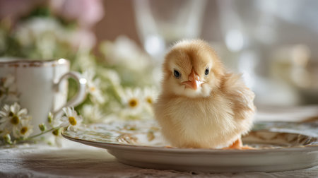 A charming, downy chick perches atop an intricate plate amid a gentle arrangement of white blooms...