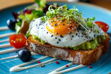 A vibrant, handcrafted breakfast plate showcasing a golden yolk atop lush avocado spread sprinkled...