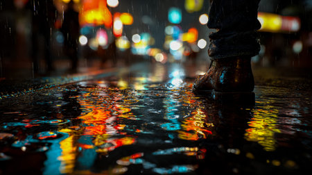 Glowing neon signs shimmer on slick pavement, casting colorful reflections that transform an urban artery into a vibrant, nocturnal tapestry of light and atmosphere.の写真素材