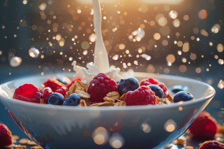 Colorful cereal bowl with fresh raspberries, blueberries, milk splash in warm morning light