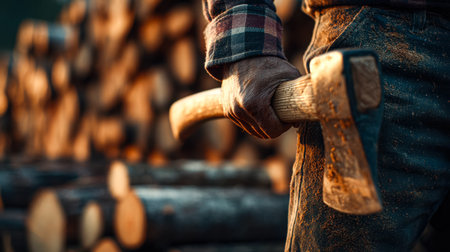 A detailed shot capturing the rugged rhythm of outdoor wood shaping, highlighting skilled...