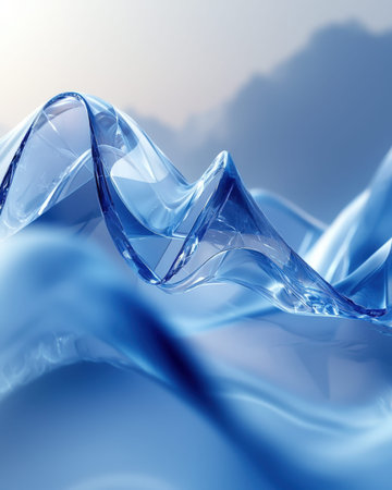 Flowing translucent blue glass curves create a serene, fluid scene set against a gentle, blurred...
