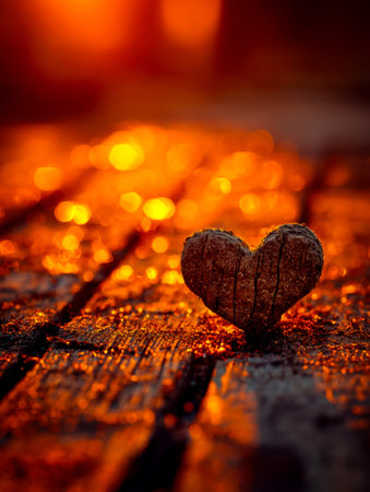 A handcrafted wooden heart rests on aged barn wood, bathed in golden sunset glow, creating a cozy,...