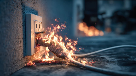 A malfunctioning socket emits a fiery glow, with visible sparks and smoke, creating a tense...
