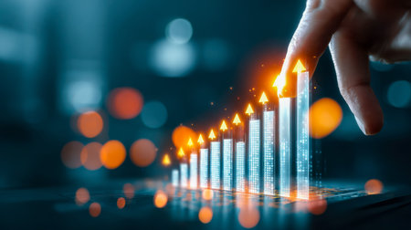 Dynamic digital graph illustrating upward trends with luminous arrows and increasing bars,...