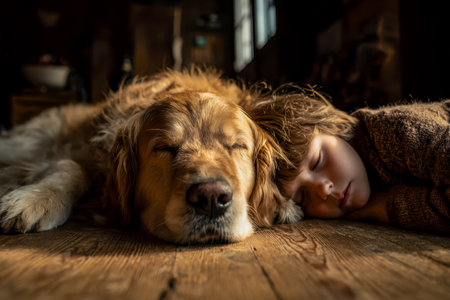 A young child and their furry companion lie quietly on a warm wooden surface, emanating comfort and tranquility within a snug indoor space.のeditorial素材