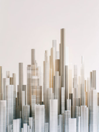 Sleek vertical elements and geometric forms suggest a modern metropolis emerging through subtle...