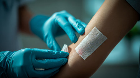 A healthcare worker carefully secures a dressing on a patient's arm, conveying reassurance and...