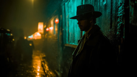 An enigmatic figure in a wide-brimmed hat leans against a glistening, rain-slicked brick wall,...