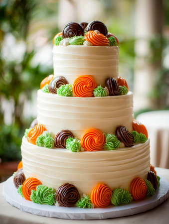 A sophisticated multi-layered cake adorned with vibrant chocolate accents and delicate buttercream...