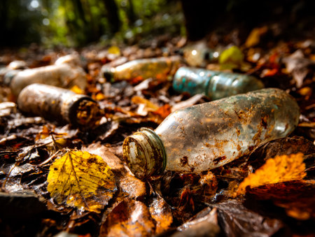 Vibrant orange and brown leaves blanket the ground, disturbed by broken glass and empty bottles, capturing nature's decline amid human neglect.の写真素材
