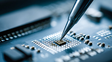 An expert technician carefully applies a fine-tipped soldering iron to a tiny circuit component,...
