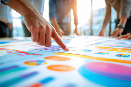 A diverse group of professionals reviewing vibrant graphs and figures on a screen, fostering...