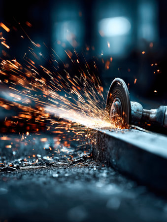 Bright sparks ignite as a grinding wheel shapes a metal piece, capturing the intense energy and...