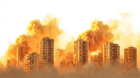 Towering city apartments shrouded in thick smoke and roaring flames, capturing the chaos and scale...