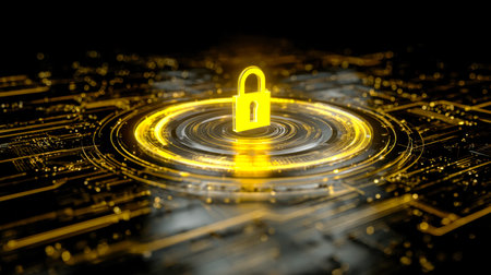 A luminous padlock icon illuminates a detailed microchip layout, symbolizing cybersecurity and data...