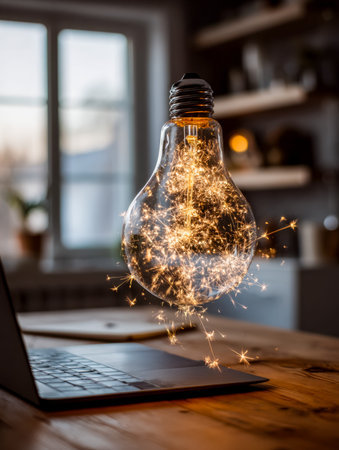 A bright idea ignites as a filament-shaped glow and fiery sparks brighten a focused workspace,...