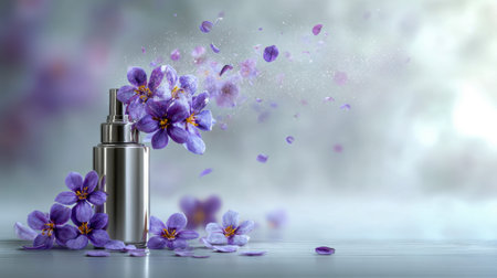 A sleek silver spray bottle poised amid gentle purple blooms, with soft petals drifting upward,...